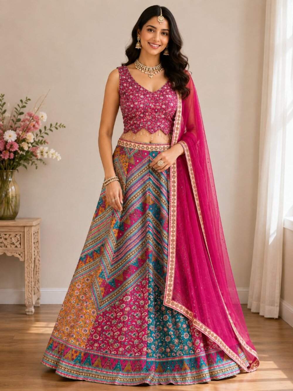 Multicolor Embroidered Lehenga Choli Set with Dupatta |Indian Wedding Party Wea